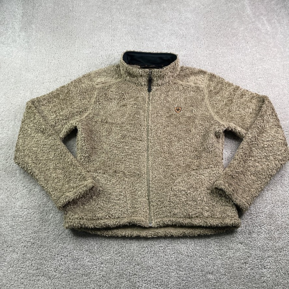Ariat Jacket Women Large Tan Deep Pile Fuzzy Fleece Full Zip Logo Cozy Teddie